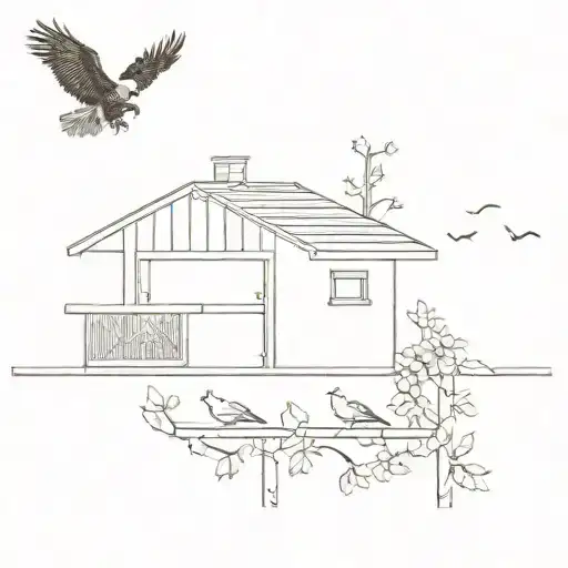 an eagle flying above a chicken coop with three baby birds looking up at the eagle silhouette style tattoo design idea