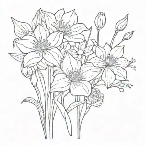 bouquet fine line with paperwhites, poppies, daises, wildflowers, daffodils, cosmos, and tulips tattoo design idea