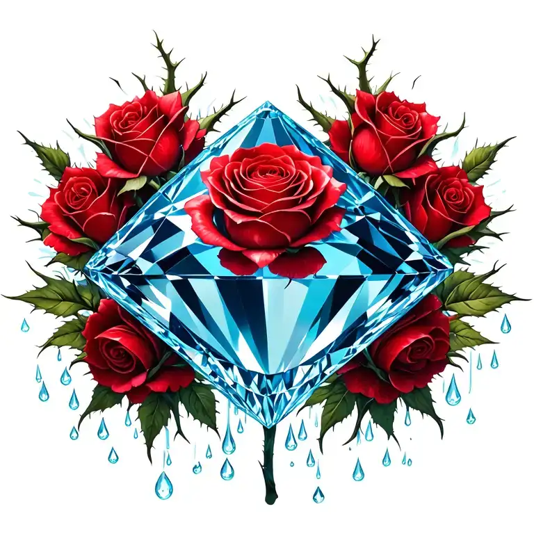large blue diamond surrounded by long-stem red rose with thorns, surrounded by female reproductive organ, rain drops tattoo design idea