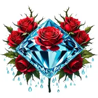 large blue diamond surrounded by long-stem red rose with thorns, surrounded by female reproductive organ, rain drops tattoo design idea