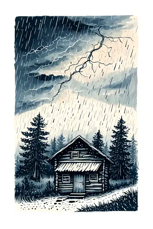 hygge painting of ladscape with thunderstorm and heavy rain with trees and woodcabin tattoo design idea