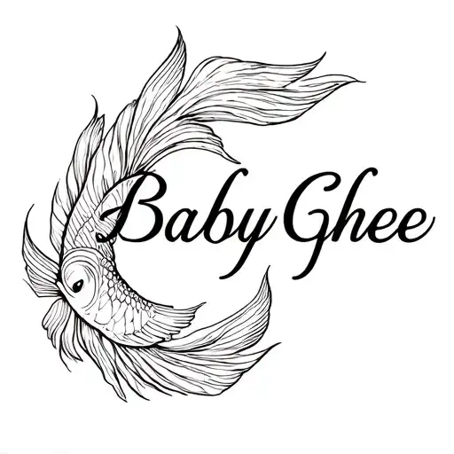 The name “Baby Ghee” written in cursive, flowing naturally.The last letter "e" in "Ghee" extends into a continuous fin tattoo design idea