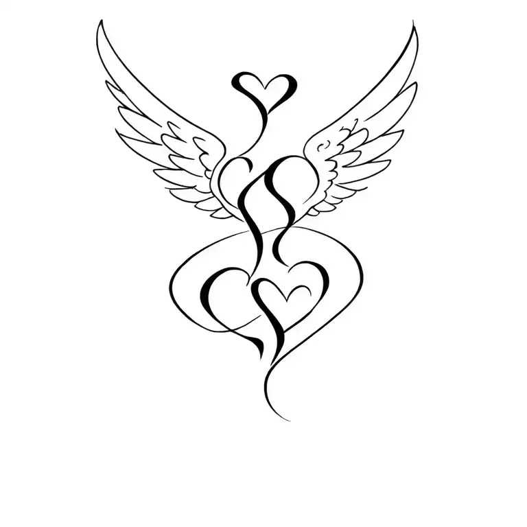 L & C intertwined with hearts and wings tattoo design idea