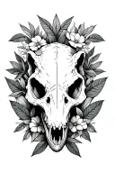 spinosaurus skull surrounded by leaves and floral designs tattoo design idea