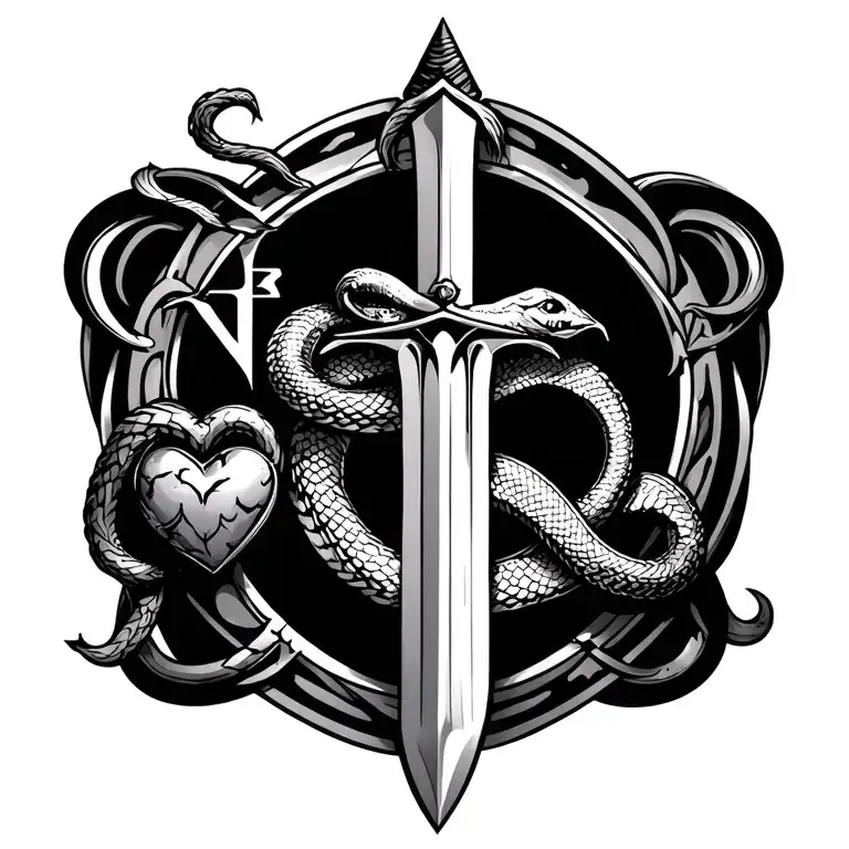 tattoo combining sword, snake and heart with initials DK tattoo design idea