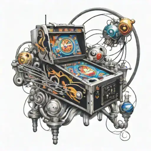 An abstract design of a pinball bouncing off of various objects, with subtle hints of theater equipment like cables and lighting fixtures tattoo design idea