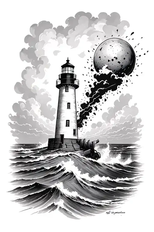 light house getting hit by cannon ball in storm tattoo design idea