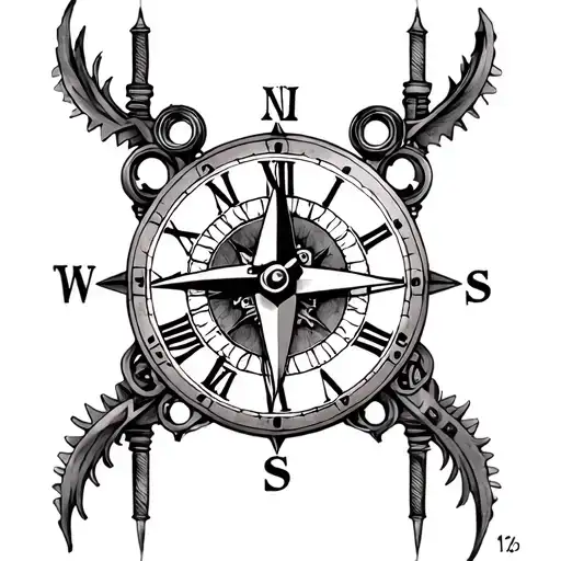 steampunk compass clock tattoo design idea