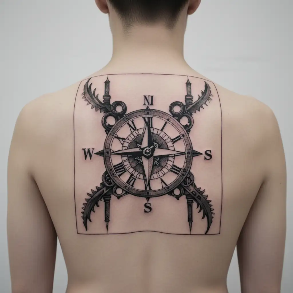 steampunk compass clock tattoo design idea