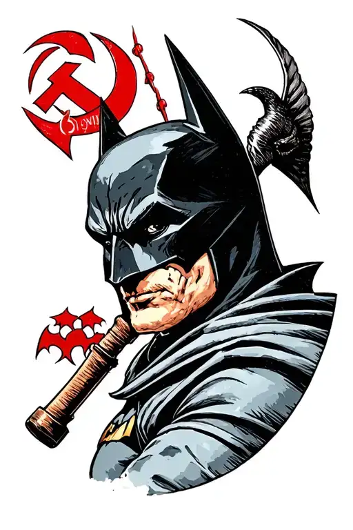 Batman, communism, vegan, hammer sickle, horror, gothic tattoo design idea