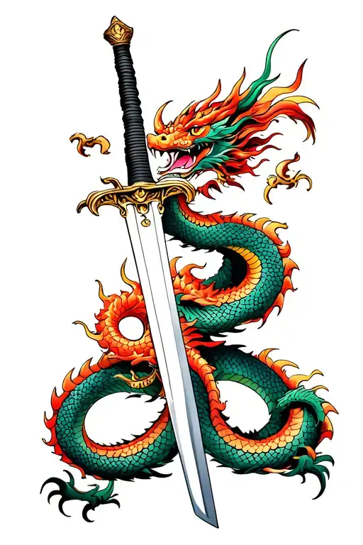 Asian dragons that winds around a German long sword. Two of his hands should be on the grip and be tattoo design idea