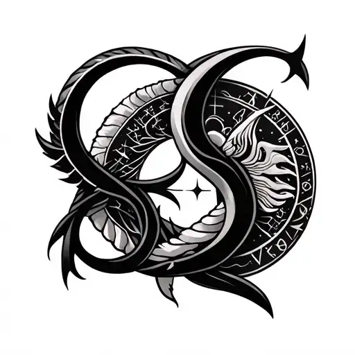 astrology zodiac symbol intertwined; Gemini, taurus, pisces, libra, cancer, aries, Capricorn & Sagittarius tattoo design idea