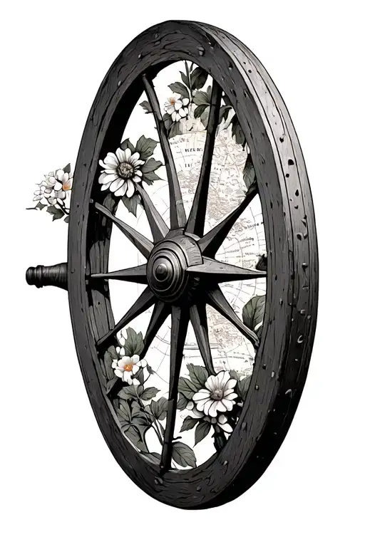 Roma wagon wheel with flowers and compass and map  tattoo design idea