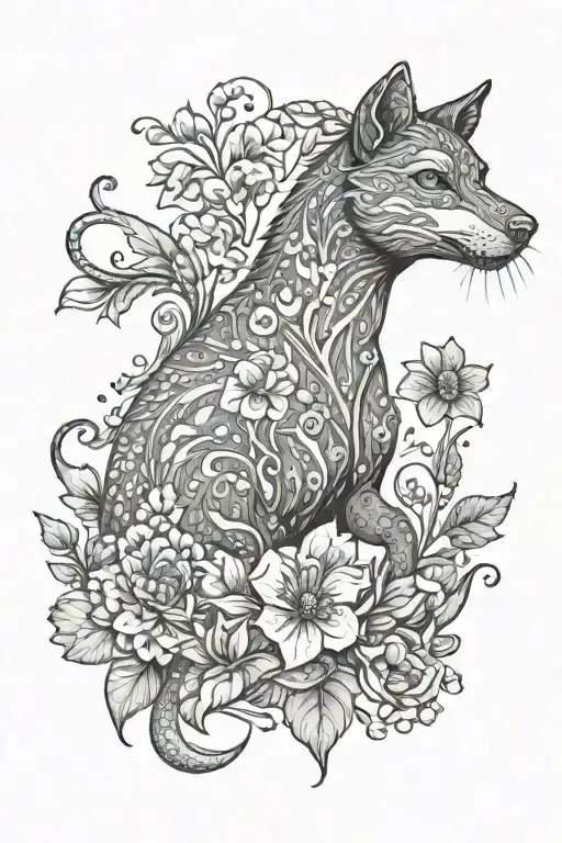 full-length kelpie in flowers tattoo design idea
