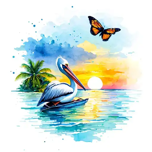 tropical beach sunset pelican flying butterfly sailboat tattoo design idea