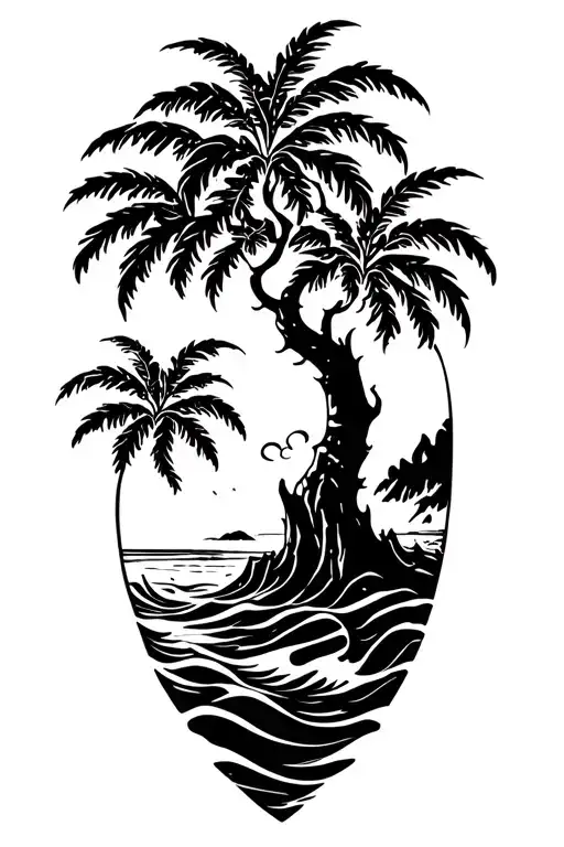 banyan tree with hibiscus vine with waves and a beach tattoo design idea