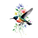 small sunbird flying in colour tattoo with bunch of delicate flowers in black tattoo design idea
