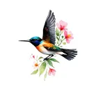 small sunbird flying in colour tattoo with bunch of delicate flowers in black tattoo design idea