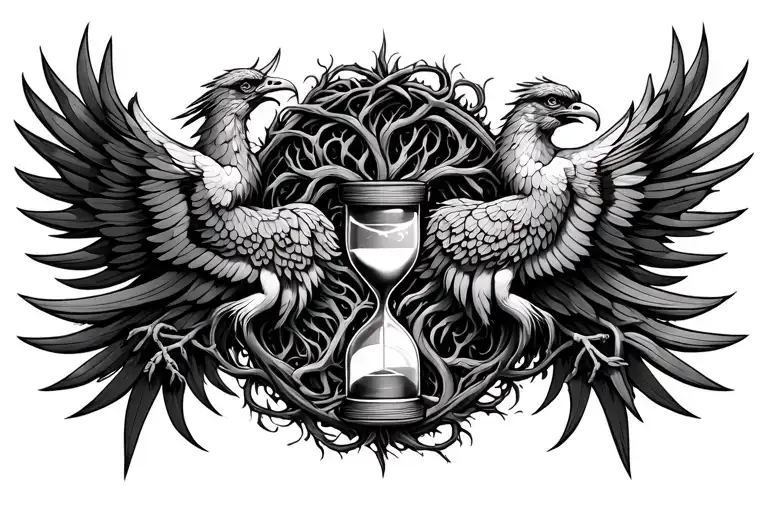 tree of life, hourglass, and pheonix all intertwined symmetrical  tattoo design idea