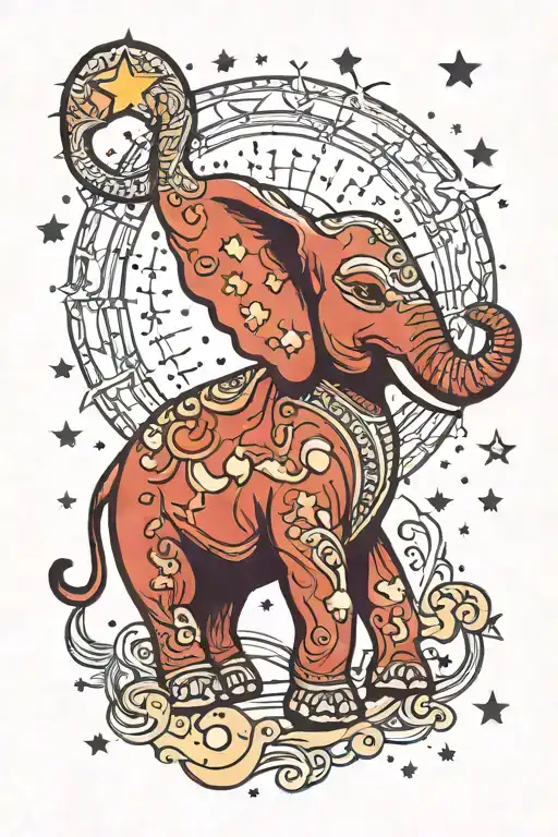 elephant with a trunk up surrounded by stars tattoo design idea