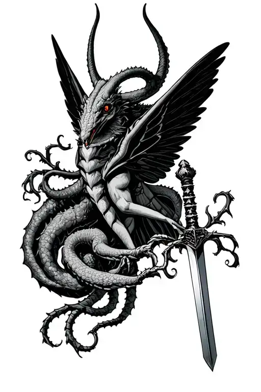 A hydra whose heads are carnivore plants, some of which were cut. A beautiful moth with angel wings holding a sword. tattoo design idea