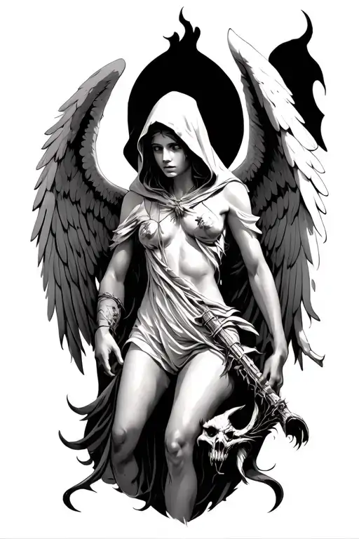 Hooded Angel killing A Demon tattoo design idea