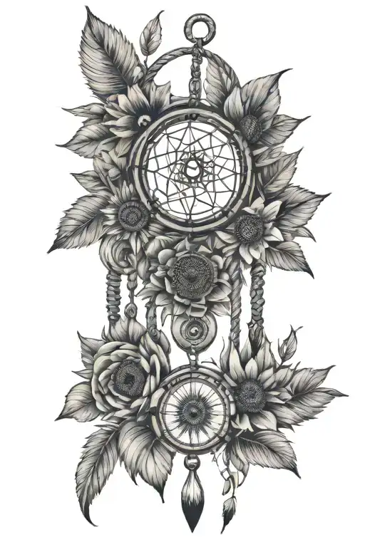 dreamcatcher with navy anchor and silver dollars in the middle with sunflowers hanging down tattoo design idea