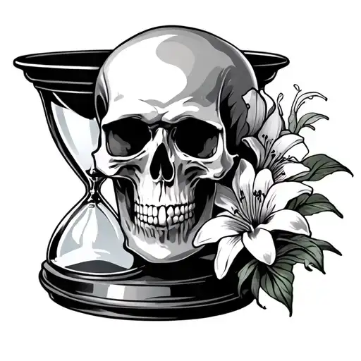 skull hourglass with lilies tattoo design idea