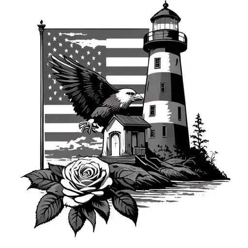 A rustic lighthouse with a rose base, incorporating an eagle and the background being the american flag tattoo design idea