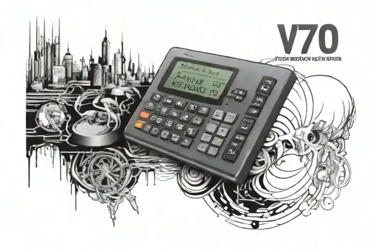 Computer with a calculator on screen with the text v70calc showing on the computer screen tattoo design idea
