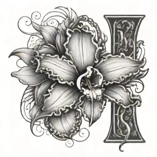 cattleya flower with the letter K and a heart shaped lock tattoo design idea