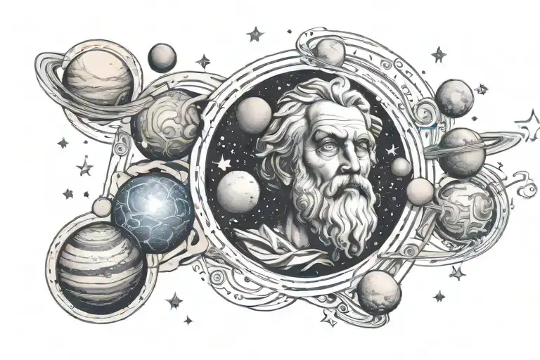 plato with planets revolving around him in tilted depth perspective with stars and quote half sleeve tattoo design idea