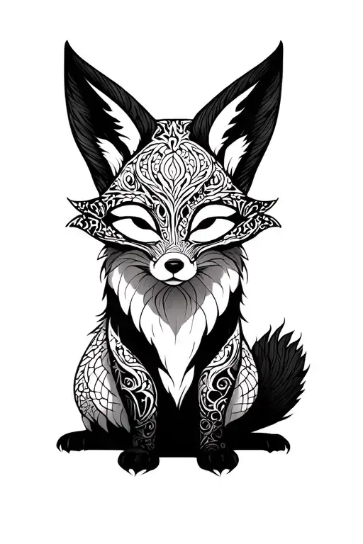 fox with kitsune mask, head and front paws connected tattoo design idea