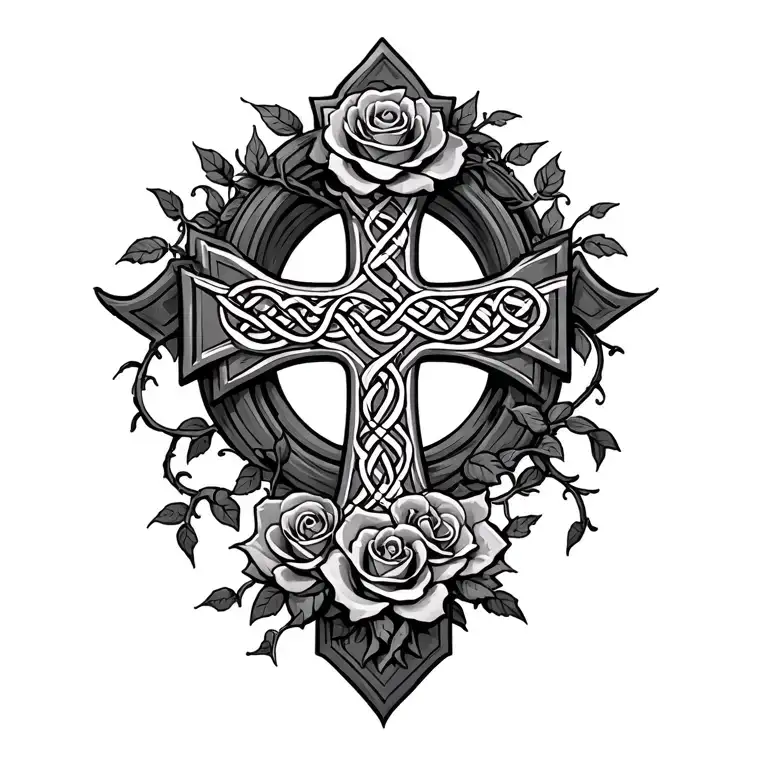 celtic cross with scroll across the top, wrapped in vines and rose tattoo design idea