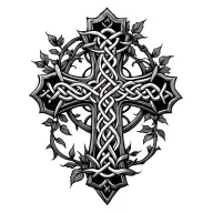 celtic cross with scroll across the top, wrapped in vines and rose tattoo design idea