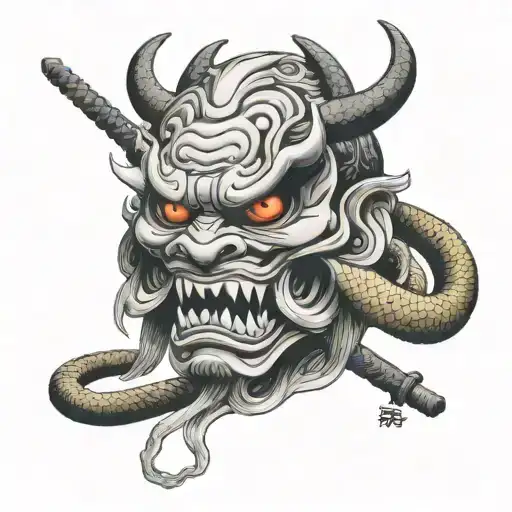 oni mask bring on the handle of a samurai sword and it pointing down with a snake wrapped around it  tattoo design idea