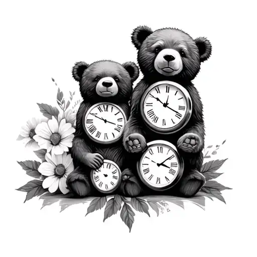 flowers and 3 clocks and bears sitting tattoo design idea