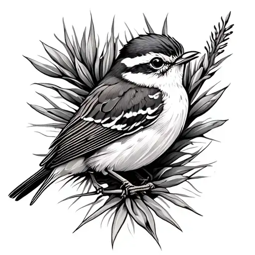 cactus wren, creosote bush, ocotillo, yucca  intertwined tattoo design idea