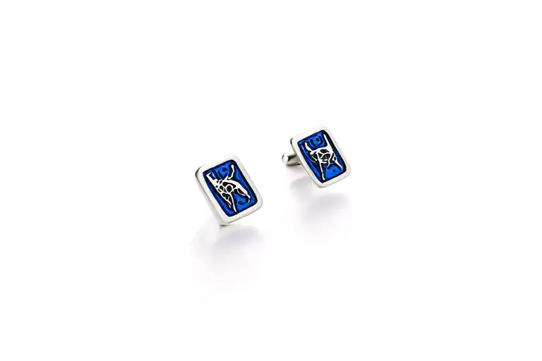 Death Stranding cufflink. Odradek accents. blue accents panels. mechanical theme.  tattoo design idea