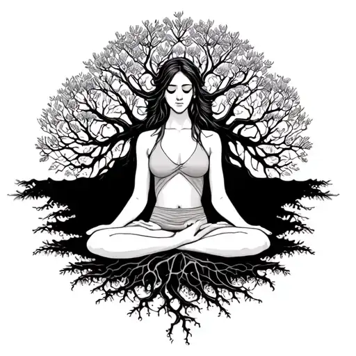 Women in meditation but her legs are the roots of a tree growing up behind her. tattoo design idea