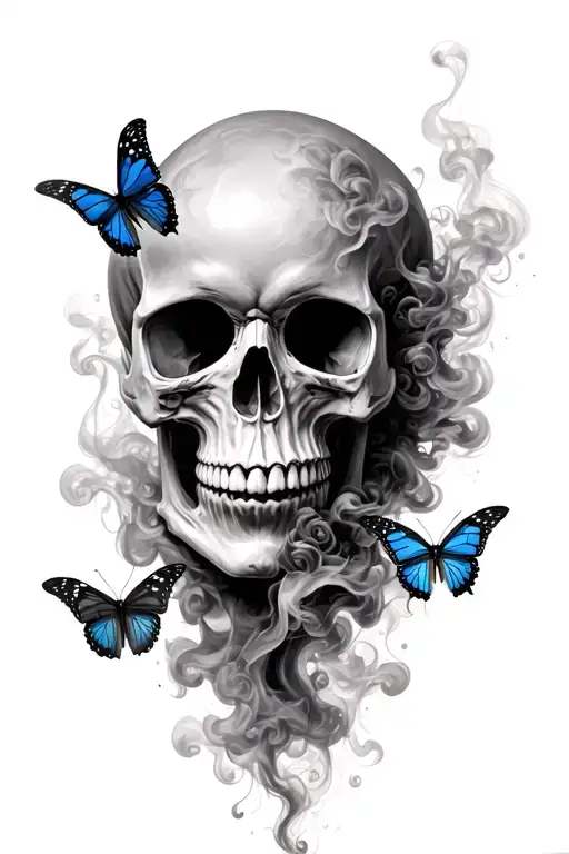 skull going  up in smoke with butterflies tattoo design idea