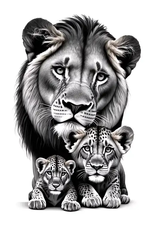 mother lion with a male cub and female cub faces tattoo design idea