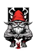 Evil Redcap Gnome Kneeling over his latest Kill tattoo design idea