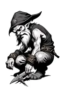 Evil Redcap Gnome Kneeling over his latest Kill tattoo design idea
