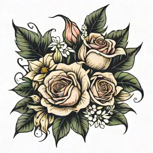 full sleeve rose, lily, anemone floral tattoo design idea