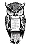An owl with circuit-board wings holding an ancient scroll. tattoo design idea