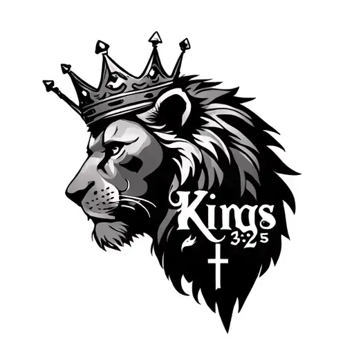 male lion side profile with crown with a nail cross faded into background of lion with the words " 2 Kings 23:25" tattoo design idea