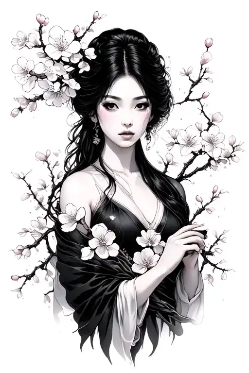 japanese Woman Dark sorrounded by cherry blossom tattoo design idea