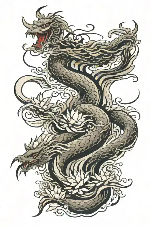 create a full sleeve japanese style tattoo incorporating lotus flowers, dragon scales, waves, katana, buddha, swallow, 4 tattoo design idea