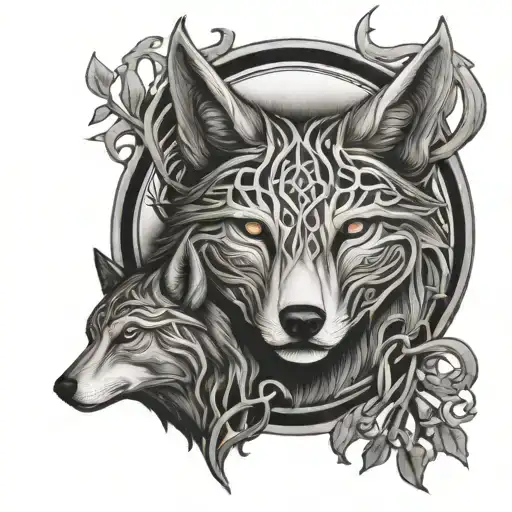 Celtic tree with 3 wolfs face morphing tattoo design idea